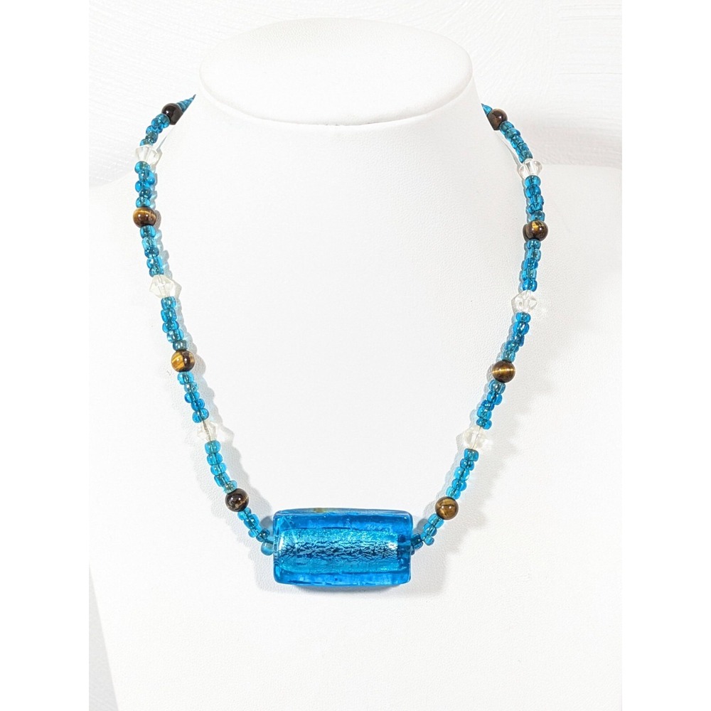 Blue‎ Dichroic Glass Bead Necklace Tigers Eye Coastal Beachy 16" Artisan